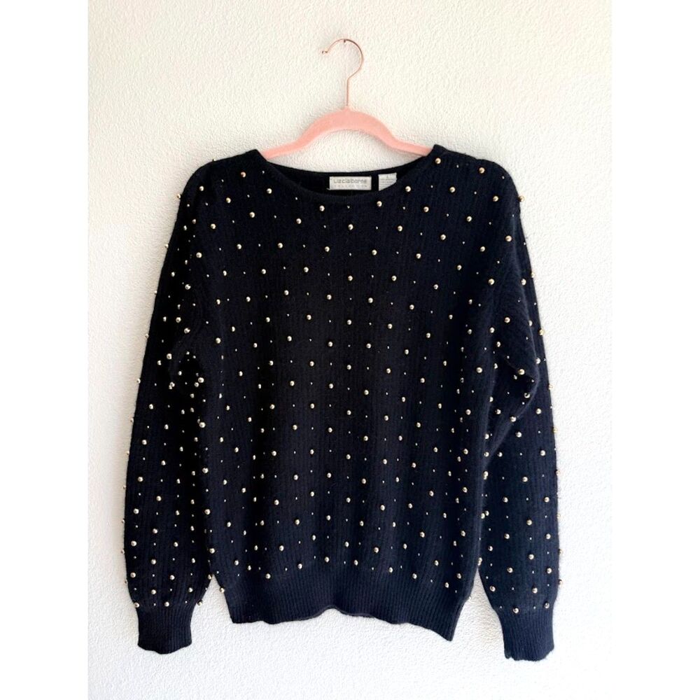 Vintage 90's Liz Claiborne Collection Gold Studded Angora Wool Blend Sweater S